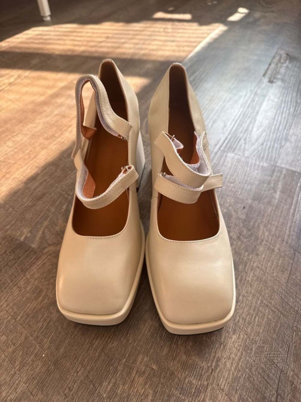 Cream Square Toe Mary Jane Block Heel Pumps